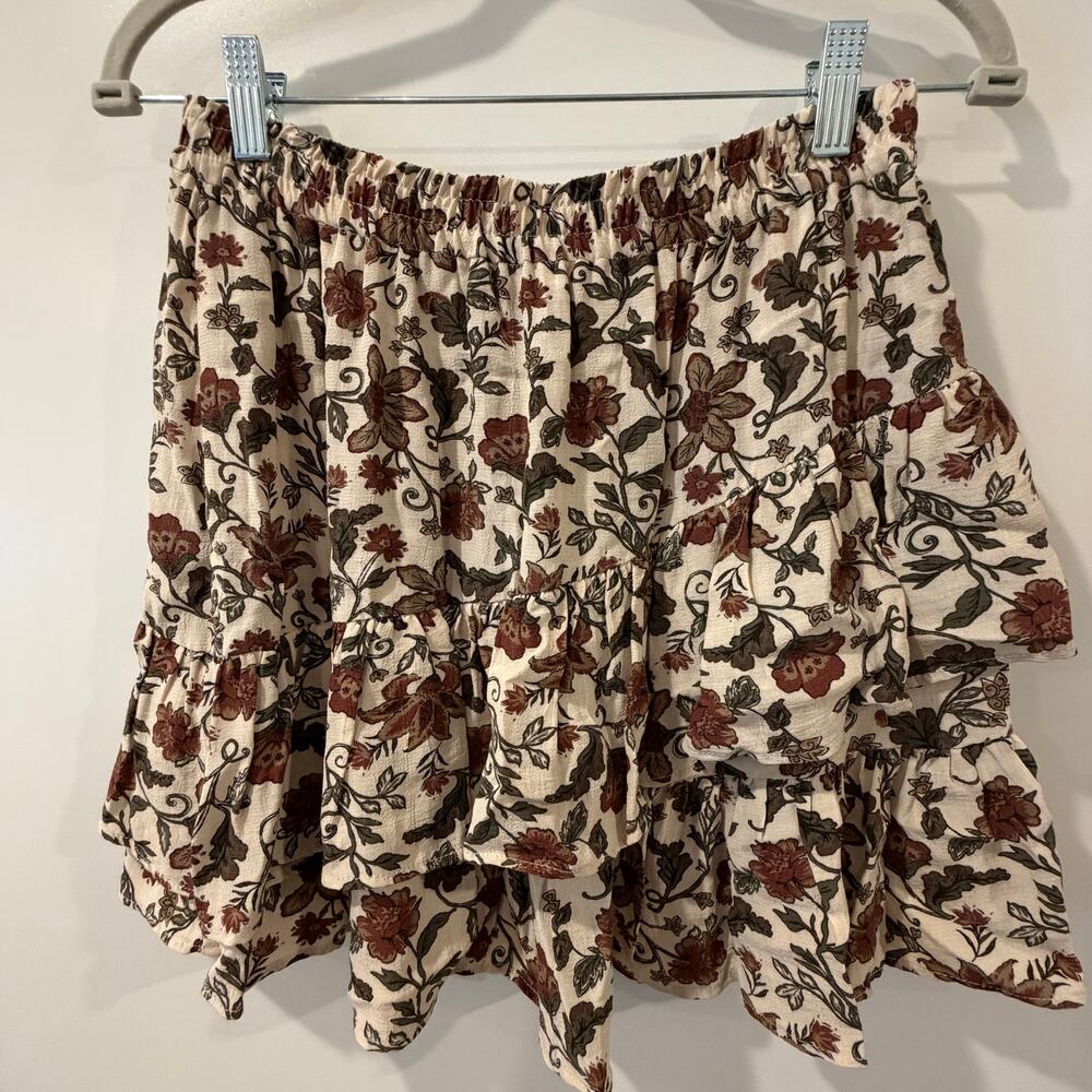 H&M Divided Flounced Mini Skirt Warm Florals Cream Assymetrical Ruffles XS
